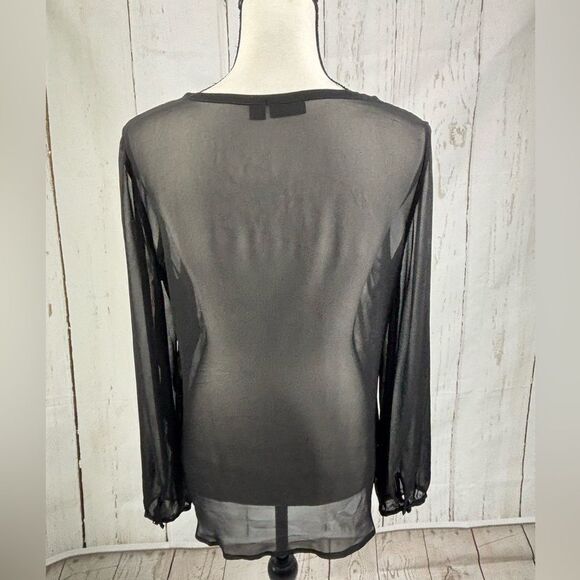 A.N.A Camouflage Semi Sheer Blouse Tunic Longsleeve Tie Neckline - Picture 2 of 4